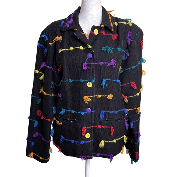 Rising Tide Jackets & Blazers - Rising Tide Handwoven Jacket‎ Womens Large Black Rainbow Tassel Fringe Guatemala